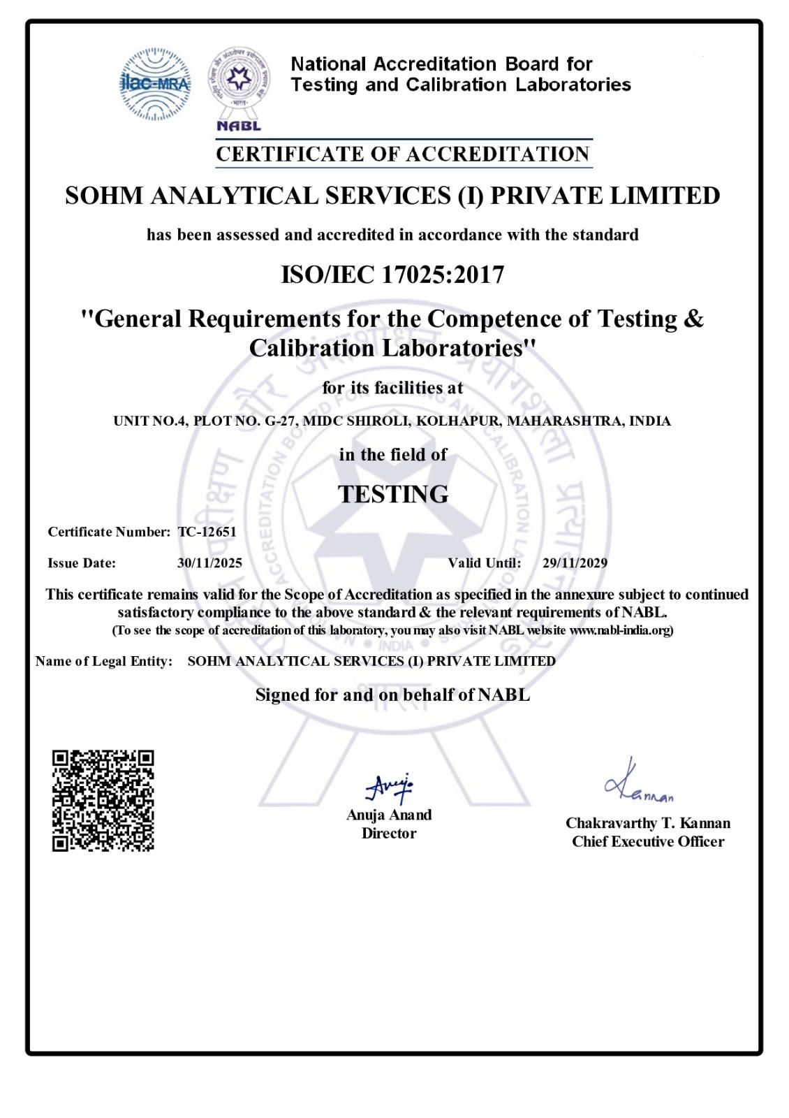Kolhapur Laboratory NABL Certificate