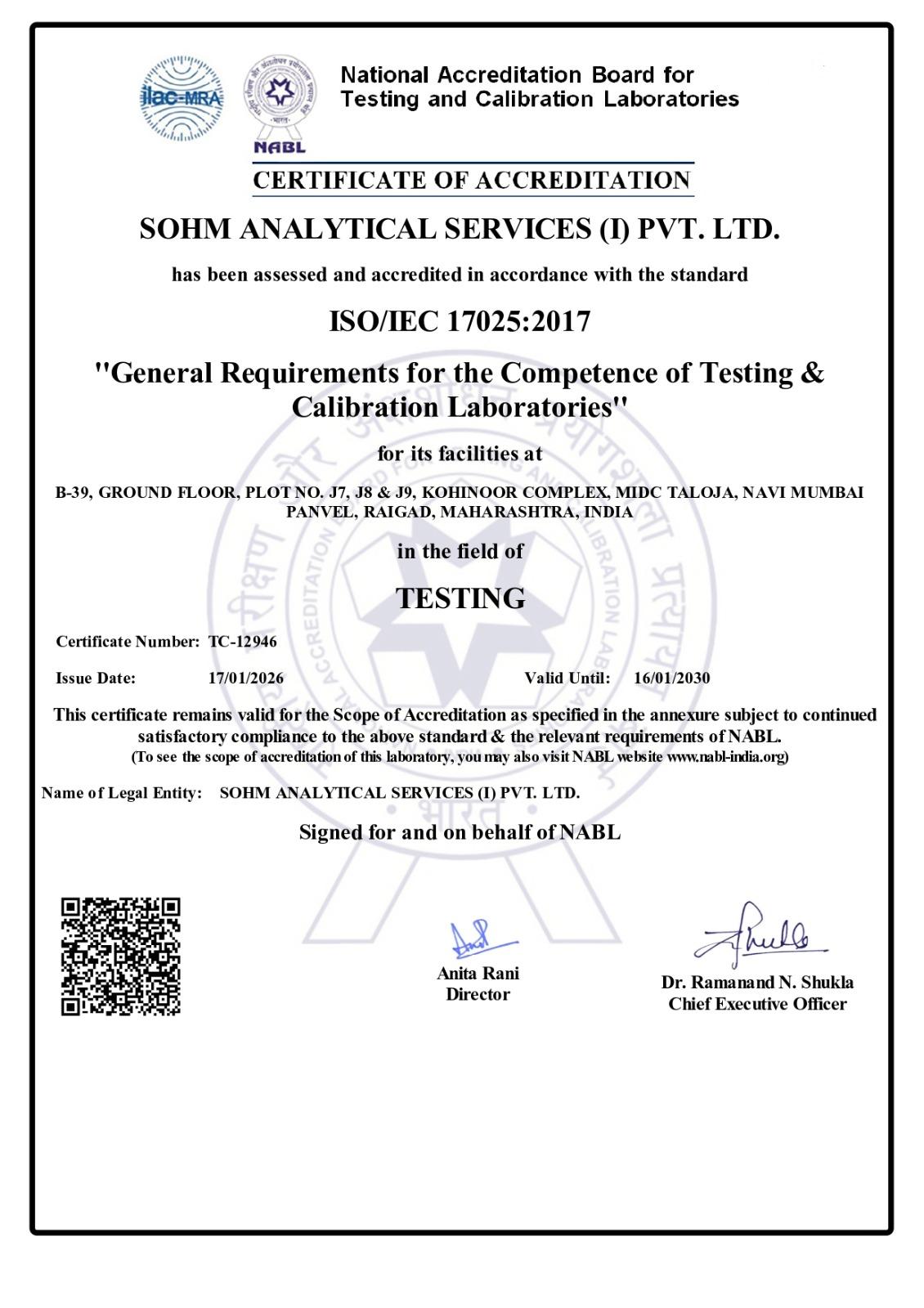Taloja Laboratory NABL Certificate